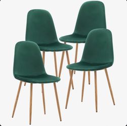 Brand New Modern Kitchen Room, Customized Green Velvet Upholstered Dining Chairs Set of 4 Ergonomic Cushion Seat Metal Legs
