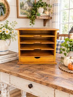 Vintage Tabletop Wood Letter Holder & File With Drawer
