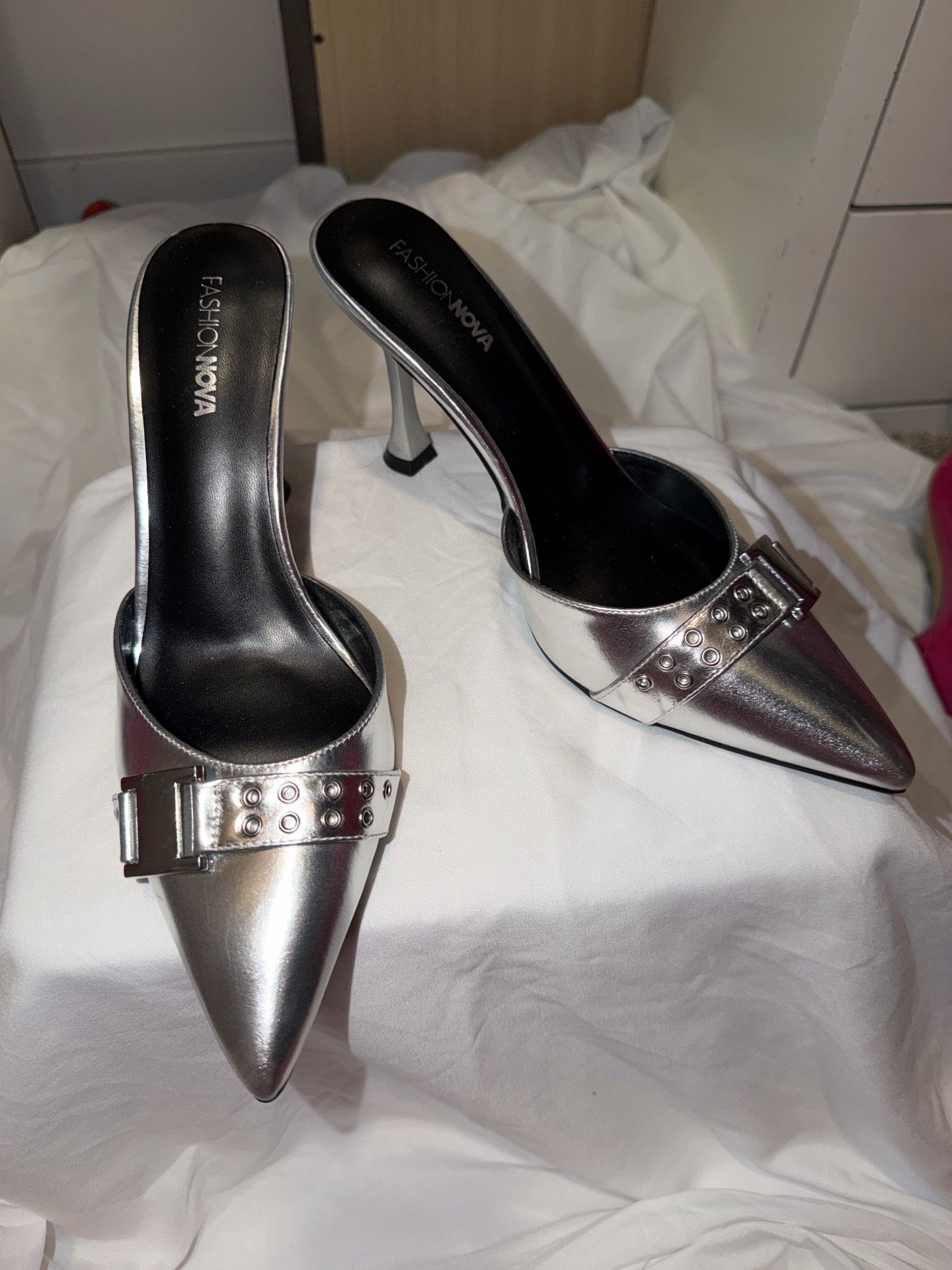 Fashion Nova Silver Pointed Toe Mules Studs