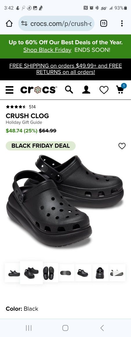 Crocks Crush Black Clugs Size 11 Men