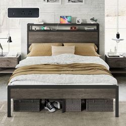 Twin Size Platform Bed Frame with Charging Station Industrial Metal Bed Frame, 2-Tier Storage Headboard, Large Under-Bed Storage, Heavy Duty Slats, No