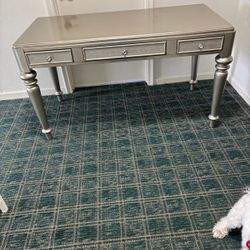 Fancy silver desk with glass knobs… 53” wide, 30” high , 26” depth . $150