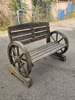 2-Person Carbonized Fir Wood Wagon Wheel Bench - Rustic Outdoor Patio Furniture With Backrest, 550Lb