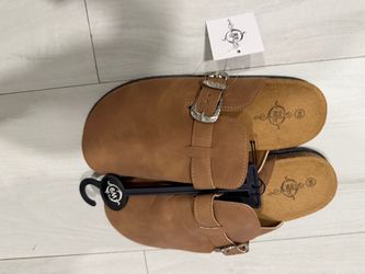 Tan Buckle Strap Slide Clogs