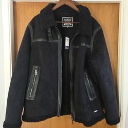Men's Vegan Guess Suede Sherpa Jacket Large Aviator Pilot 