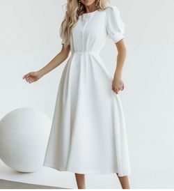 White Buttoned Puff-Sleeve Midi Dress 🤍