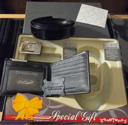 CROCODILE Men's Italian Leather Belt  and Wallet Black Gift Box