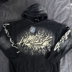 Brand New Hellstar “Record” Black/Charcoal AOP Hoodie Star Print Sleeve Graphics