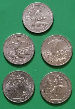 Five United States quarters issued in 2018-D as part of the America the Beautiful Quarters program.