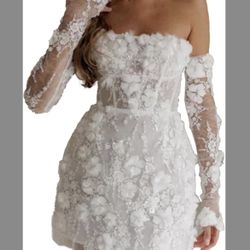 Strapless Sheath Short Wedding Dresses with Detachable Sleeves 3D Flowers Lace Embroidery Dress