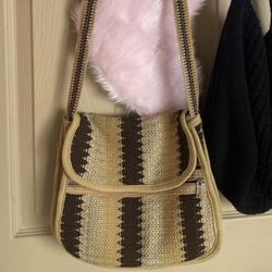 Brown and tan stripped beach bag with zipper