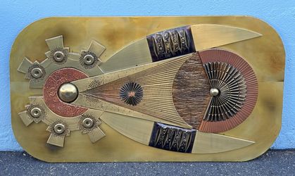 Vintage metal brutalist wall hanging attributed to Stephen Chun