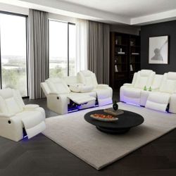 Power Electric White Leather Fully Reclining Couch Set