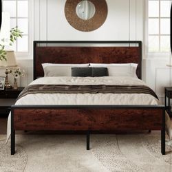 Full Size Platform Bed Frame with Headboard and Footboard, Heavy Duty, Mahogany A-7