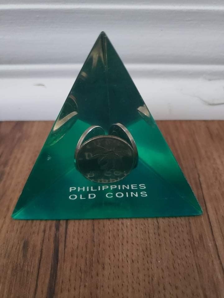 Green Resin Pyramid Paperweight Philippines Coins Embedded and Encased Inside 