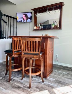 Large Wood Home Bar Set + 2 Swivel Stools + Matching Mirror – $1,100 ONO