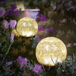 Solar Lights Garden Decorative 2 Packs, Globe Solar Lights, Ball Solar Lights Outdoor Cracked Glass Jar, Waterproof Auto ON/Off Warm White LED for Wal