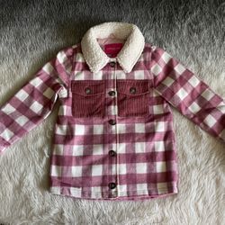 London Fog Pink & Cream Plaid Girl’s Sherpa-Collar Shacket Jacket Coat Size, L/6X