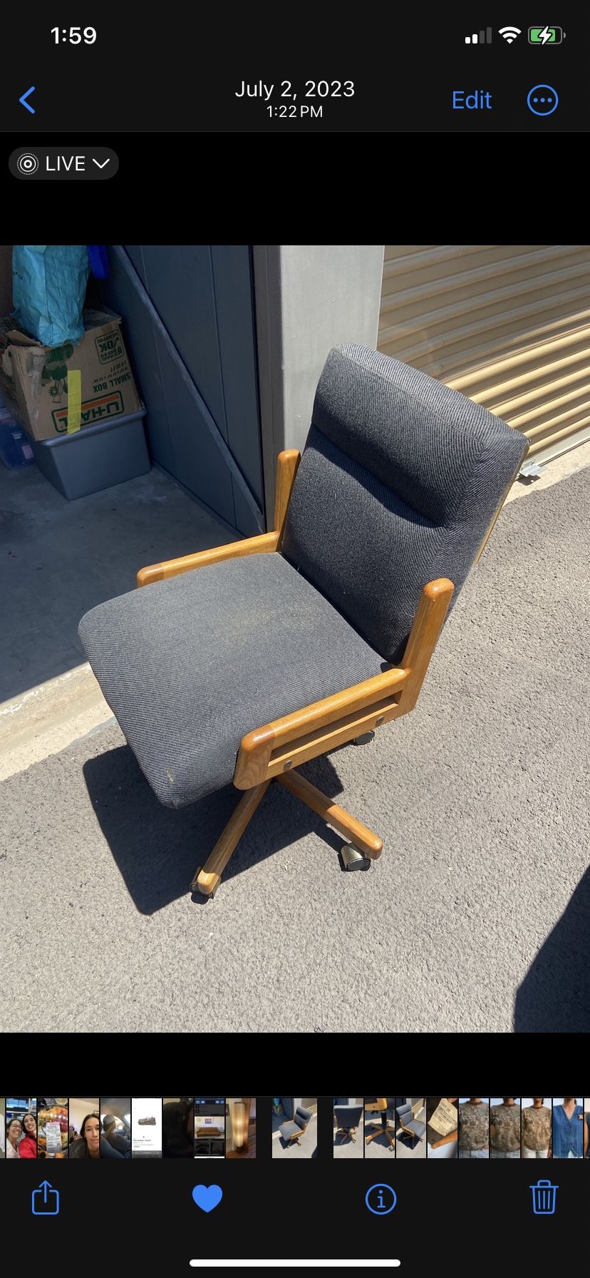 Vintage 90s Rolling Grey And Oak Fabric Desk Chair- Leans Back