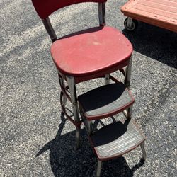 Antique/ Vintage Red Cosco Chrome Kitchen Step Stool Farm Chair Plant Stand