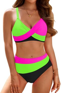 High Waisted Neon Color Block Tummy Control Bikini Twist Front 2 Pc. Swimsuit Large