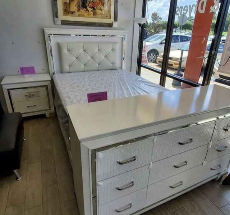 Allura White LED Upholstered Panel Bedroom Set