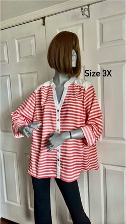 Red and White Striped Button-Up Blouse Size 3X