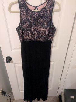 Navy velvet and lace floor length dress