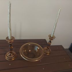 Glass Bowl And Matching Candle Holders 