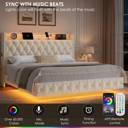 King Size Floating Upholstered Beds with LED Lights, Velvet Leather Sturdy Platform Bed with Charging Station & Button Tufted Headboard Storage, White