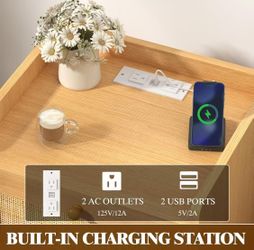 Nightstands Set of 2, Small Night Stands with Charging Station, Wood Rattan Bed Side Table Sets with 2 Storage Drawers & Wooden Handles, Farmhouse Boh