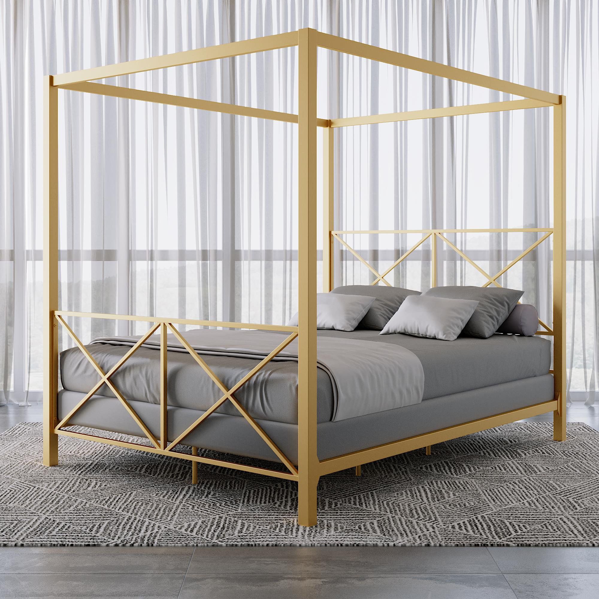 Beautiful New Gold Queen Canopy Bed With Wayfair Memory Foam Hybrid Mattress and Smart Box Spring