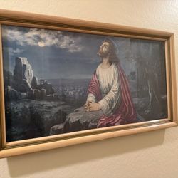 Vintage Jesus Christ Praying in Gethsemane Framed Picture (26x14”)