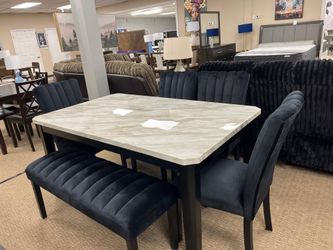 Sophisticated Style 6 pc dining set w/Marble look top & Corduroy upholstered chairs