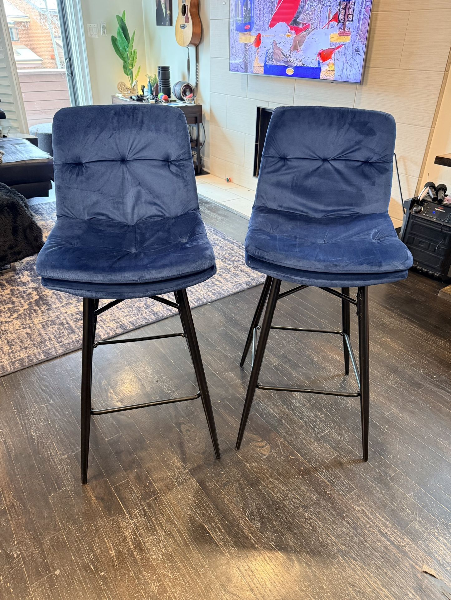 Blue Velvet Bar Stools (Set of 2) – Like New