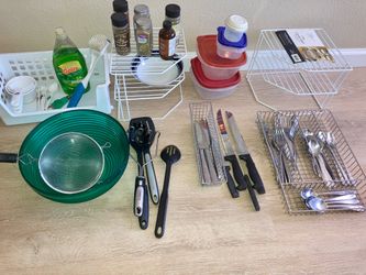 Moving sale Kitchen utensils forks knives racks items shelving supplies