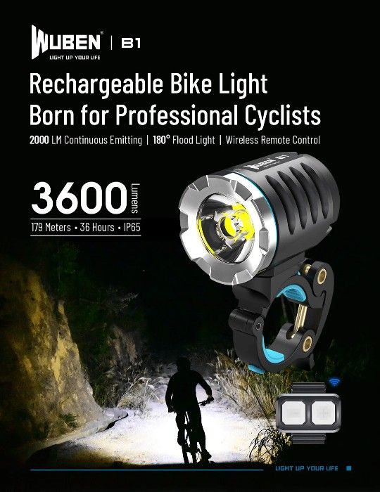Pre-owned WUBEN B1 Bicycle Light XHP70.2 LED Remote Controller With 6000mAh Battery. **Tested works great**