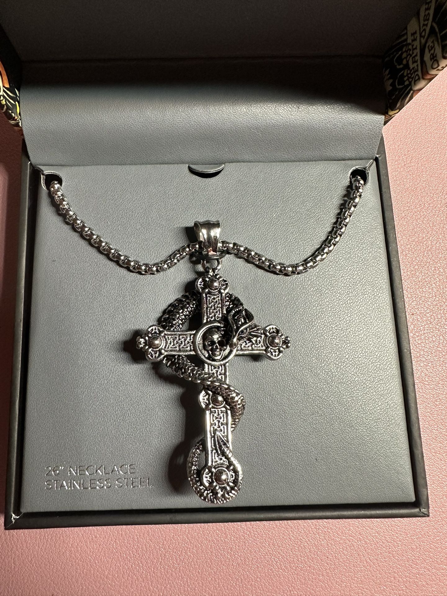 Ed Hardy Skull And Serpent Cross Pendant On 26" Stainless Steel Circular Chain