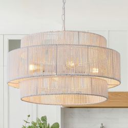 4-Light Large White Rattan Chandeliers, 22.8in Boho Coastal Pendant Lights, Woven Hemp Rope Hanging