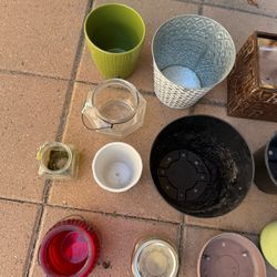 Lot of 14+ Metal/Glass/Plastic Plant Pots. Assorted Sizes & Colors + 1 base! Great Condition