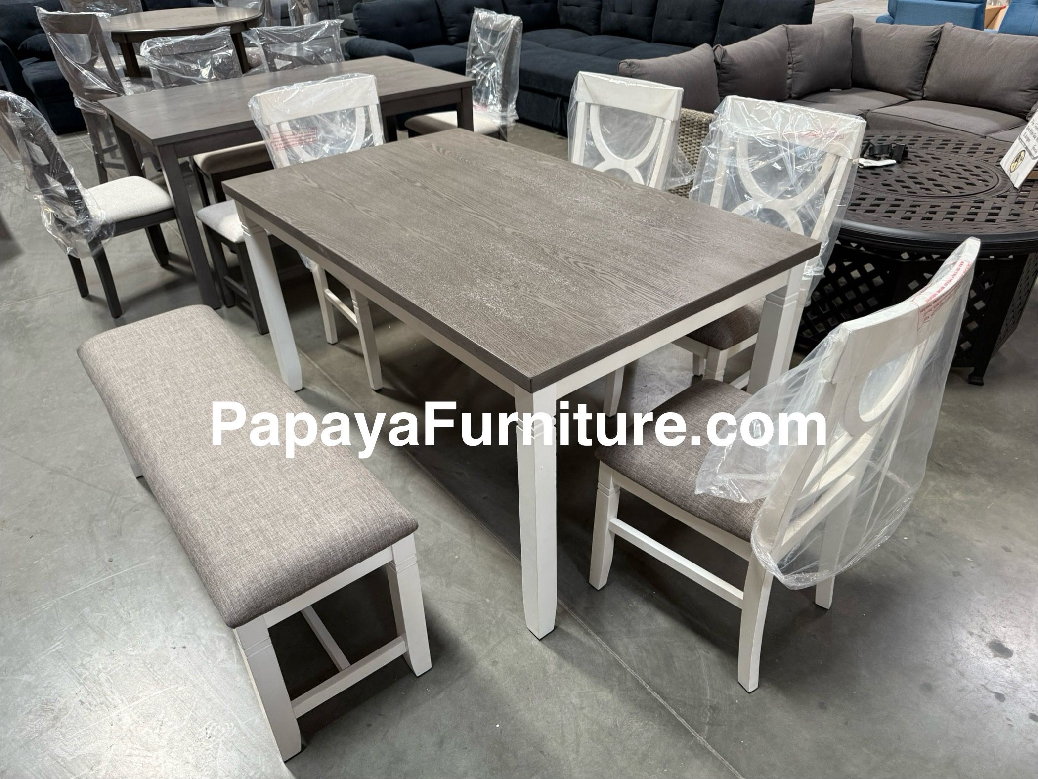 New! 6pcs Dining Set, Wooden Dining Set, Table And Chairs, Dinette Set, Table, Chairs, Bench, White Table, Farmhouse Dining Table, Casual Dining Set D