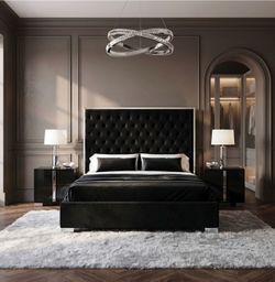 Black Queen Velvet Tufted Upholstered Bed Frame