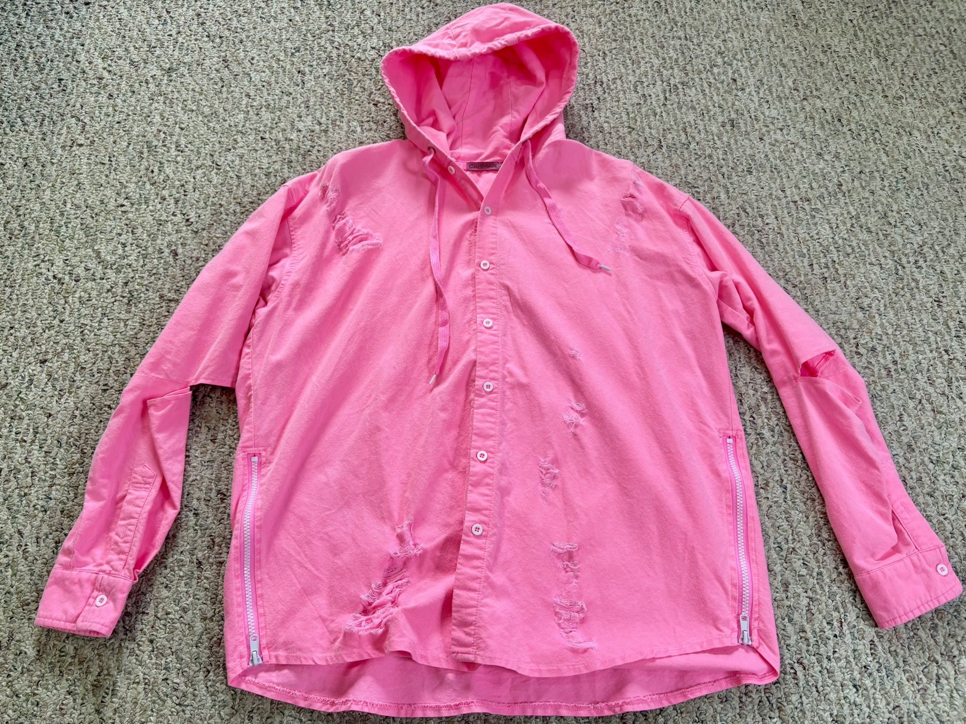 CARMAR Women’s Size S Small Distressed Lite Pink Button Up Jacket With Hood