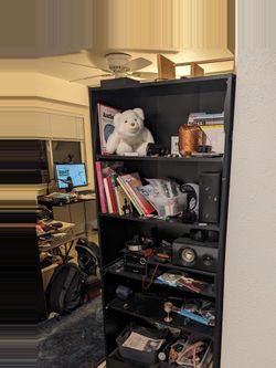 2 black bookshelves