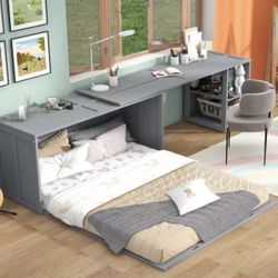Gray Wood Frame Queen Size Murphy Bed with Rotable Desk and Storage Shelves