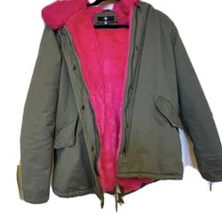 Khaki Green Hooded Parka… Pink Faux Fur Lined Size 8