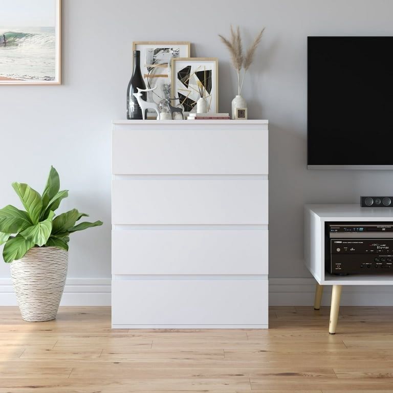 4 Drawer White Dresser, Modern Storage Cabinet for Bedroom, Chest of Drawers Wood Organizer for Living Room