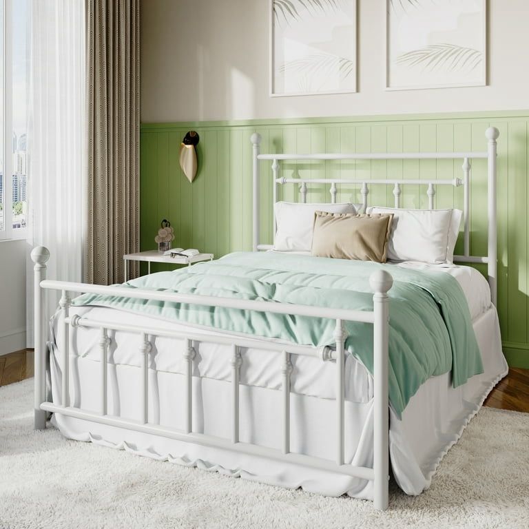 Full Size Metal Platform Bed Frame with Victorian Vintage Headboard, White