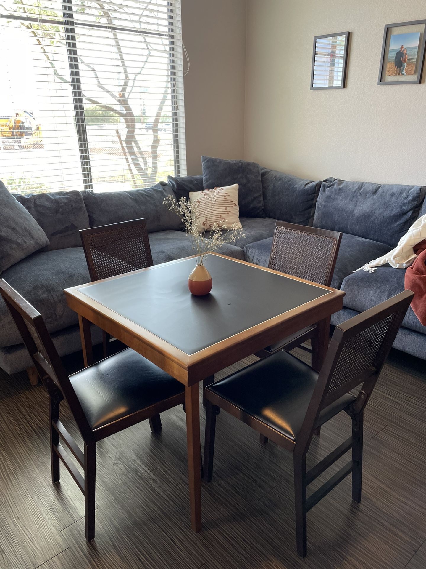 Vintage 1970s Brown Walnut Folding Card Table With Four Folding Cane Chairs Black Vinyl