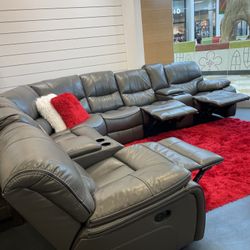 Huge Winter Clearance Sale. Madrid Leather Reclining Sectional In Gray Or Black Now $1299. Easy Finance Option. Same-Day Delivery.